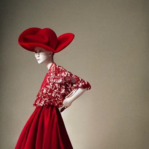 Image similar to Editorial photograph of a red Valentino Haute Couture dress and hat, photographed by Tim Walker