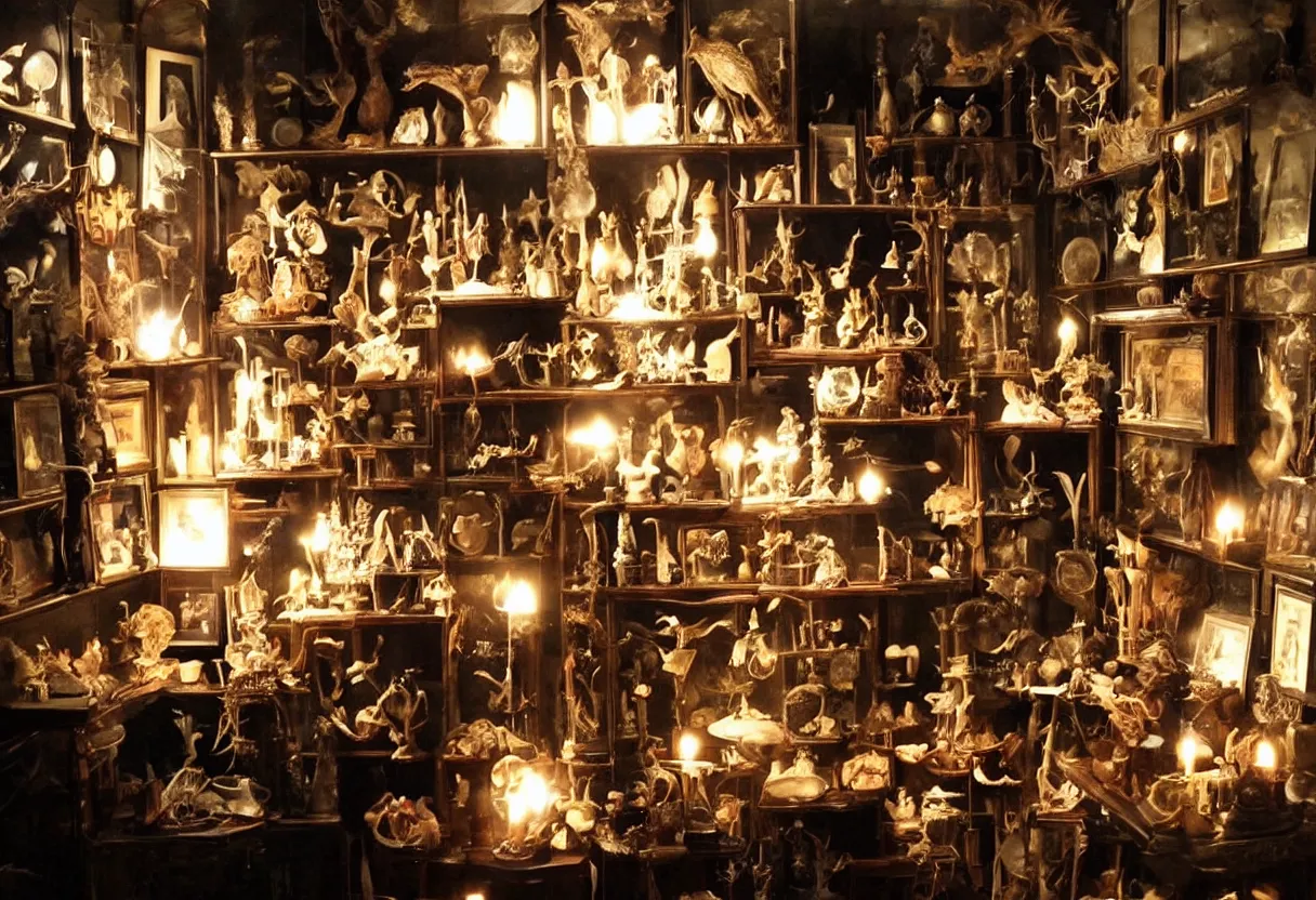 Prompt: wunderkammer, cabinet of curiosities, small dark room, large specimens, taxidermy, candles, desk, dramatic lighting, gloomy, moody, creepy