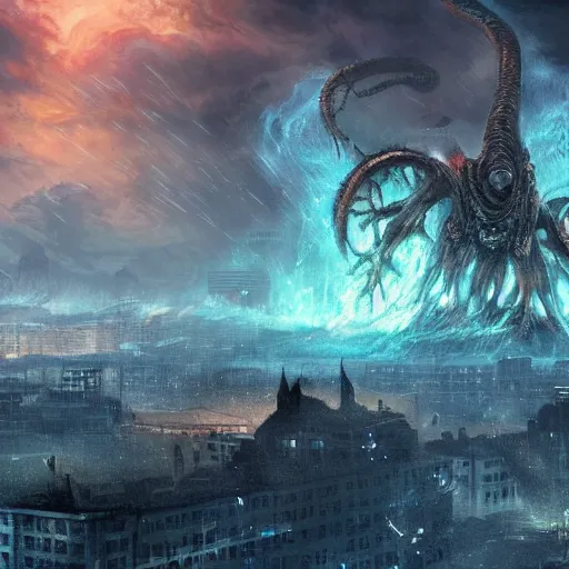 Prompt: An elder god destroying a city, high quality, digital art, cinematic, highly detailed, artstation