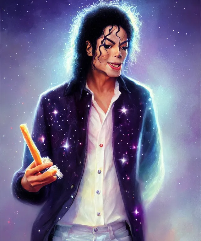 Prompt: michael jackson, cinematic, sparkle shirt, eating a churro, elegant, highly detailed, digital painting, artstation, smooth, hard focus, illustration, art by jessica rossier and and brian froud