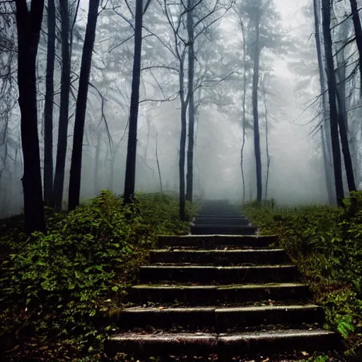 Prompt: creepy stairs in middle of forest, stairs leading to nowhere!, dark foggy misty colors!, dark forest from evil realm