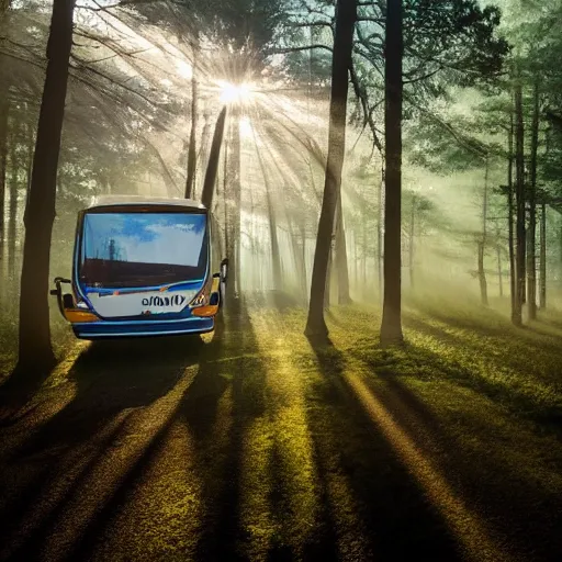 Image similar to very creative livery on big commercial bus in misty forest scene, the sun shining through the trees