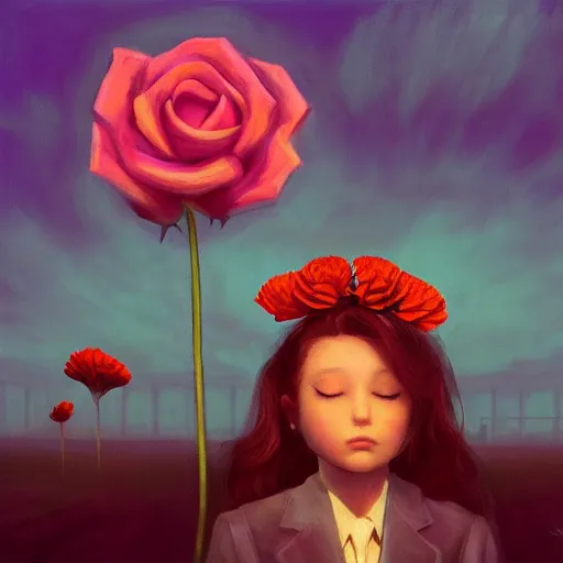 Image similar to closeup, giant rose flower head, frontal, girl in a suit, surreal photography, sunrise, blue sky, dramatic light, impressionist painting, digital painting, artstation, simon stalenhag