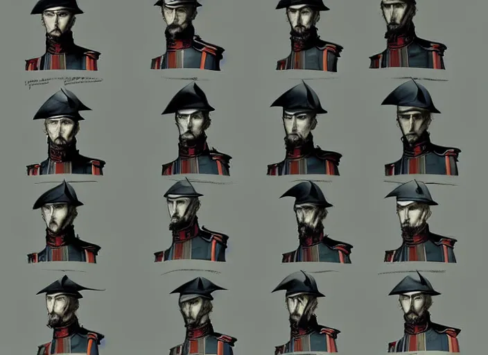 Prompt: 1 8 5 5 british crimean war soldier, character face study, multiple angles, directions and moods. faces only, concept art finely detailed perfect art, painted by greg rutkowski makoto shinkai takashi takeuchi studio ghibli, pinterest, cevagraf comics