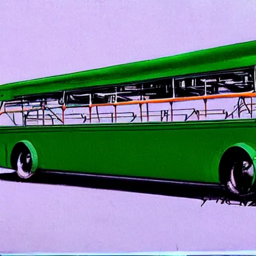 Image similar to concept art for a bus that releases green clouds of poisonous gas, painted by syd mead, high quality