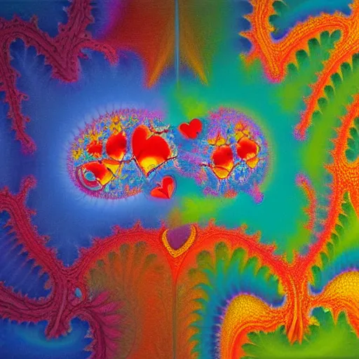 Image similar to love and the first law of thermodynamics, oil painting, fractal, vivid, psychedelic