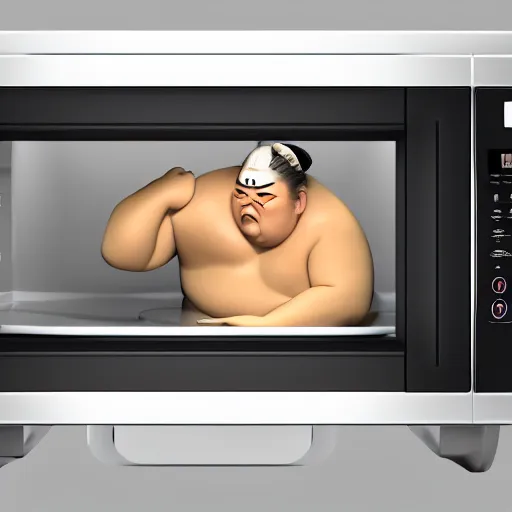 Image similar to 3 d render of a sumo wrestler trapped inside of a microwave