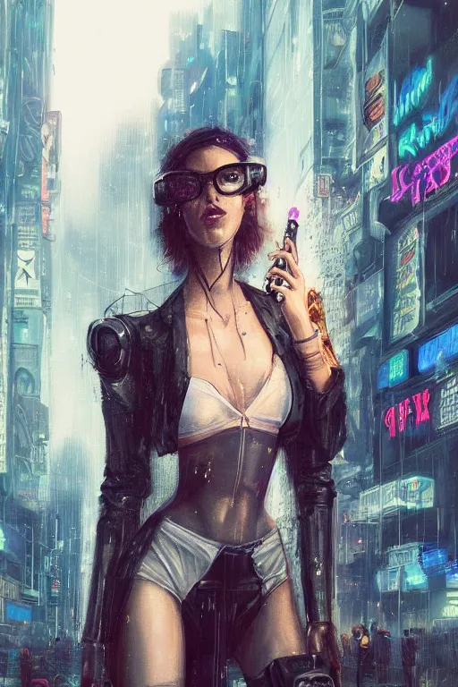 Prompt: beautiful portrait of a tall white female anthro fox smoking a cigarette towering head and shoulders above the bustling crowd of a rainy city street around her, cyberpunk clothes, cyberpunk, harsh neon lights, highly detailed, sharp focus, digital painting, illustration, trending on artstation, art by sakimichan, wlop, greg rutkowski