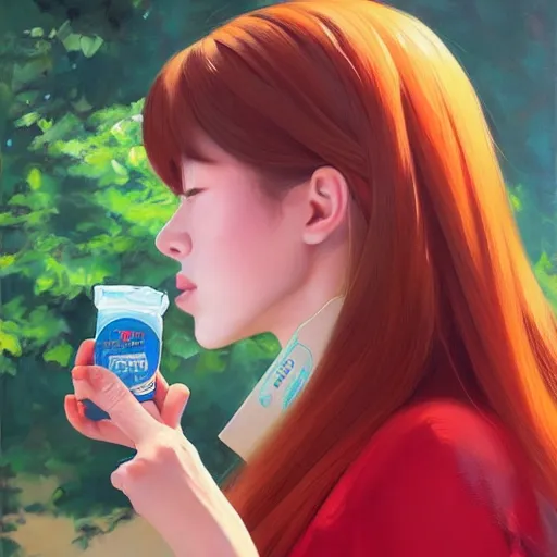 Prompt: oil painting by ilya kuvshinov,, baugh casey, rhads, coby whitmore, of a youthful japanese beauty, long hair, standing eating a pushpop outdoors by vending machines, highly detailed, breathtaking face, studio photography, dawn, intense subsurface scattering, blush, supple look, innocence, intense sunlight