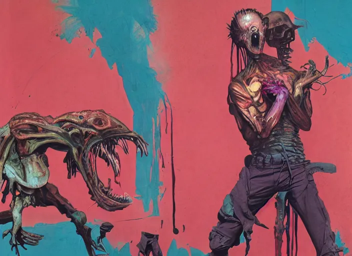 Prompt: attack on titan by francis bacon, surreal, norman rockwell, greg hildebrandt, vibrant red background, by greg rutkowski, exotic vegetation, tristan eaton, victo ngai, dark figure screaming, complimentary color, pink and teal and orange and purple, a still from the film alien, beksinski, hyperrealism