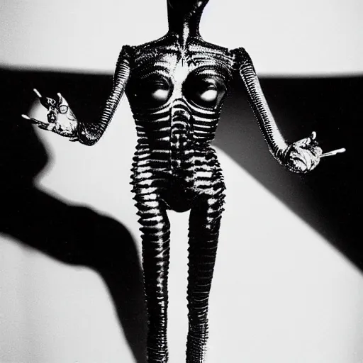 Image similar to alien with telescopic limbs dressed in glam clothing, photo by cindy sherman