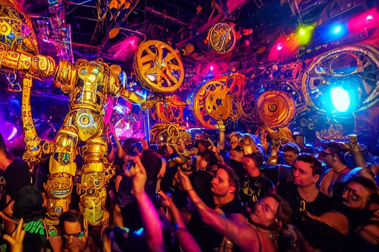 Image similar to scene is elrow party in amnesia in ibiza, portrait photo of a stagediving giant huge golden and blue metal steampunk robot, with gears and tubes, eyes are glowing red lightbulbs, audience selfie, shiny crisp finish, 3 d render, 8 k, insaneley detailed, fluorescent colors, haluzinogetic, background is multicolored lasershow