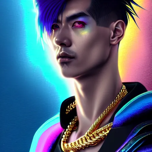 Prompt: hyperdetailed close portrait of a stunningly beautiful cyberpunk boy androgynous wizard made of iridescent metals and shiny pink gems, bright rainbow nimbus, gold necklace, gold background inspired by ross tran and masamune shirow and kuvshinov, concept art, intricate, photorealistic, octane render, rtx, hdr, unreal engine, dnd digital art by artgerm
