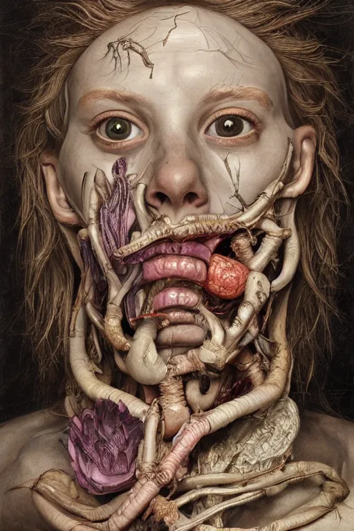 Image similar to Detailed maximalist portrait of a greek god with large lips and eyes, scared expression, botanical anatomy, skeletal with extra flesh, HD mixed media, 3D collage, highly detailed and intricate, surreal illustration in the style of Jenny Saville, dark art, baroque, centred in image