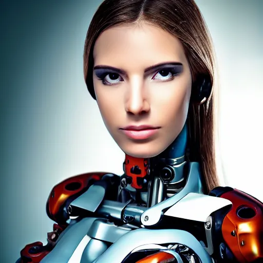 Prompt: portrait photo of a beautiful female cyborg..................................... ..................................... eyes down!