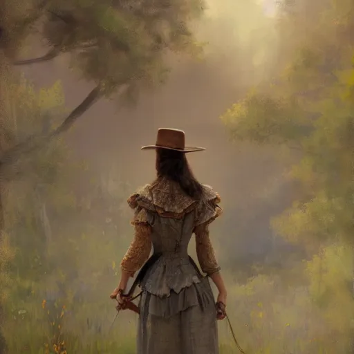 Image similar to a matte painting of the wild west, woman standing, patchy flowers, oil painting, pale colors, high detail, 8 k, wide angle, trending on artstation,