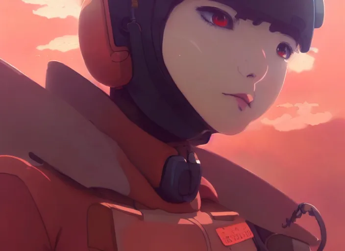 Image similar to portrait of pilot girl, smoky sky background, lush landscape, illustration concept art anime key visual trending pixiv fanbox by wlop and greg rutkowski and makoto shinkai and studio ghibli and kyoto animation, red body suit, military gear, evangelion unit 0 2, grimdark