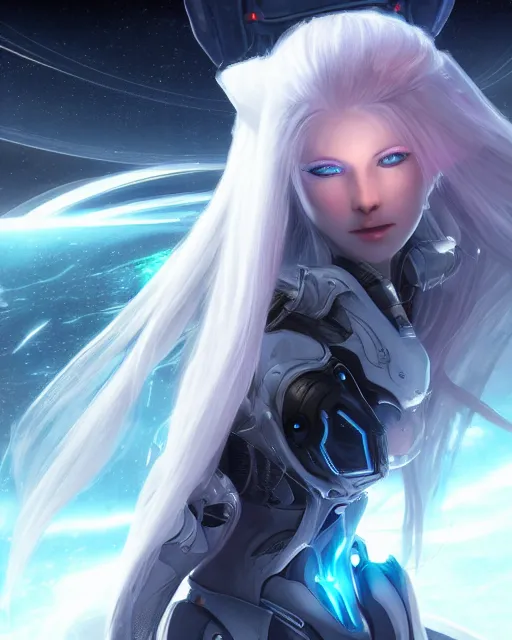 Image similar to perfect android girl on a mothership, warframe armor, beautiful face, scifi, futuristic, galaxy, nebula, raytracing, dreamy, long white hair, blue cyborg eyes, sharp focus, cinematic lighting, highly detailed, artstation, divine, by gauthier leblanc, kazuya takahashi, huifeng huang