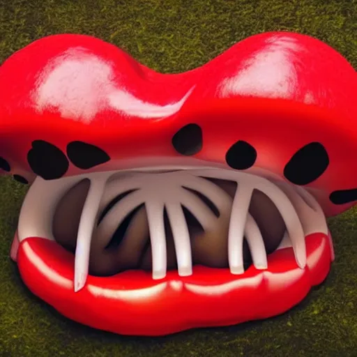 Image similar to a red and black monster with a really long tongue, glowing mushrooms