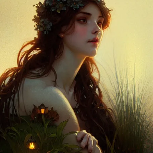 Image similar to A young woman sitting on a stone wall surrounded by water and glowing with light, intricate, delicate, elegant, highly detailed, digital painting, artstation, concept art, smooth, sharp focus, illustration, art by Krenz Cushart and Artem Demura and alphonse mucha