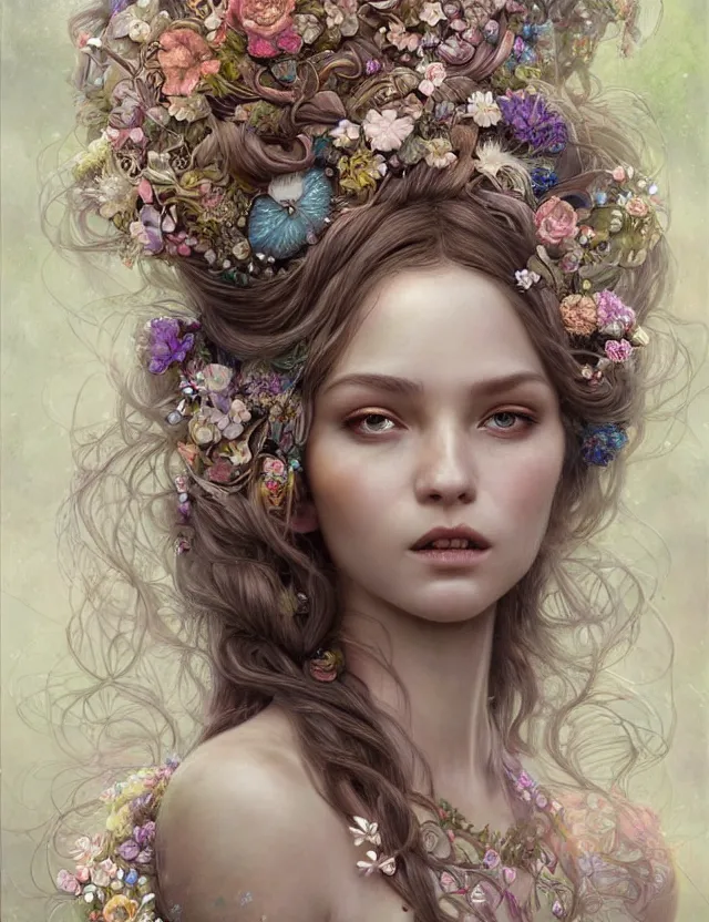 Image similar to organic goddess with flowers in hair, holographic white plastic and driftwood, fantasy, intricate, elegant, highly detailed, lifelike, photorealistic, digital painting, artstation, illustration, smooth, sharp focus, art by scott davidson, albert aublet, krenz cushart, artem demura, mucha