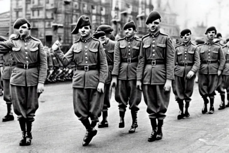 Image similar to minions as german soldiers in ww 2, goose stepping, military parade, dress uniforms