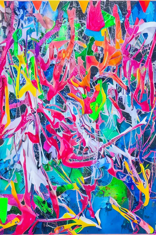 Image similar to acrylic painting, paint drips, acrylic, wildstyle, clear shapes, maximalism, smeared flowers, origami cranes, oil pastel gestural lines, large triangular shapes