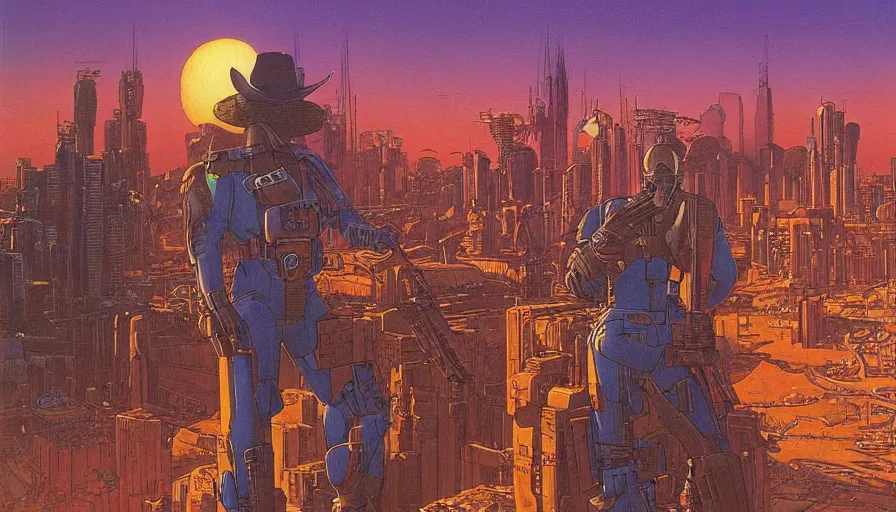 Prompt: Sun setting in a utopian futuristic cityscape with a bounty hunter in the foreground, by Jean Giraud, by Moebius, highly detailed, oil on canvas