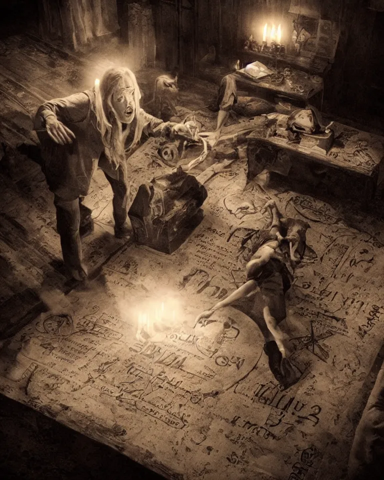 Image similar to malevolent spirit emerging from a Ouija board, detailed realistic cinematic, set design, concept art