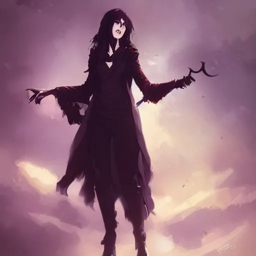 Image similar to female human vampire witch in the style of greg rutkowski, makoto shinkai, trending on artstation, character design, concept art, pretty face, highly detailed, long black hair, portrait, digital art