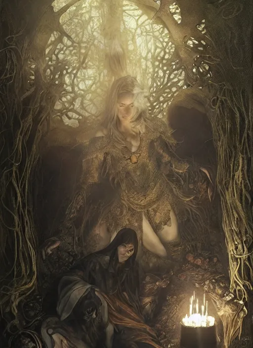 Image similar to inside covens den, diffuse lighting, fantasy epic effects, hdrp smoke, intricate facial detailing, highly detailed scenery, lifelike, photorealistic, sharp focus, digital painting, artstation, unreal 5, concept art, smooth, art by john collier and albert aublet and krenz cushart and artem demura and alphonse mucha