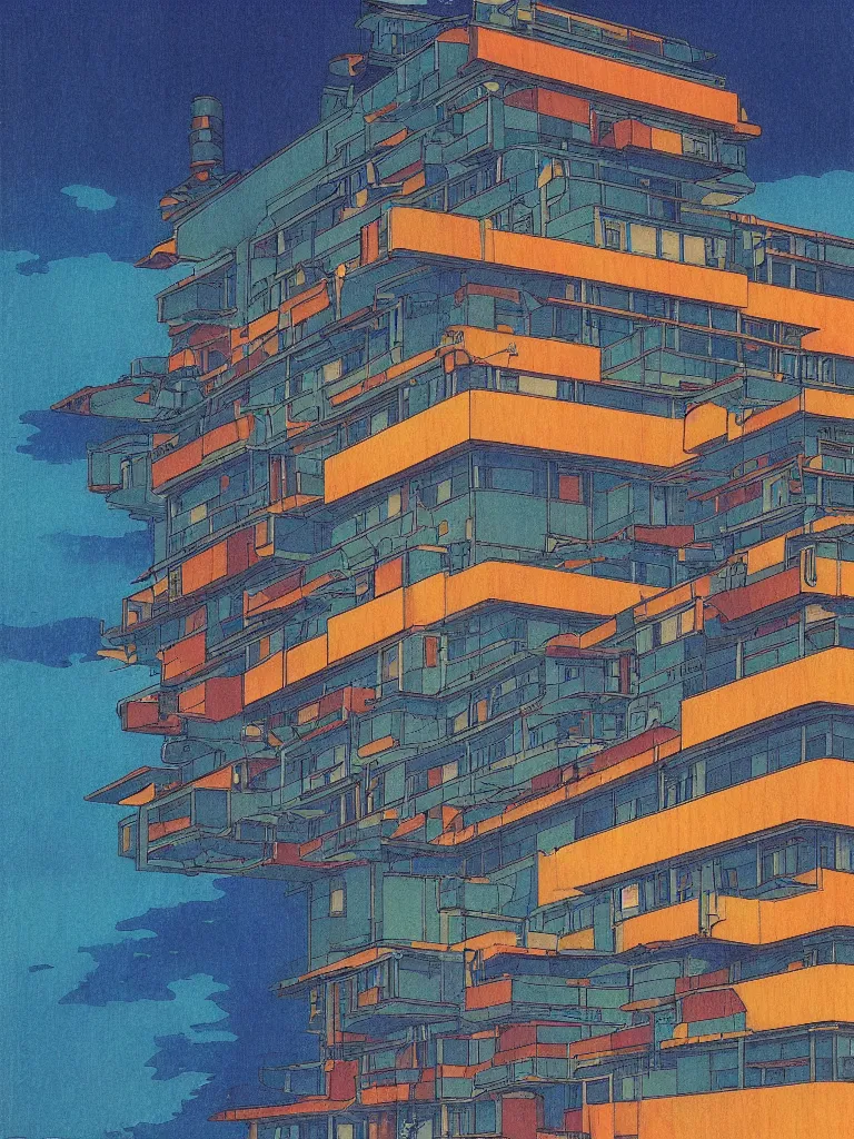 Prompt: a psychedelic hallucination of a brutalist hotel in the stormy ocean, by kawase hasui, moebius, edward hopper, colorful flat surreal design, dramatic lighting, hd, 8 k, artstation