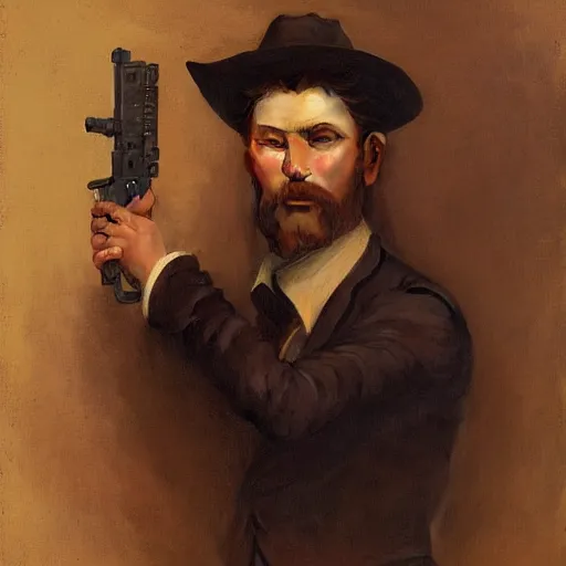 Prompt: a portrait painting of a gunslinger gentleman, art greg rutkowski and william - adolphe bouguereau