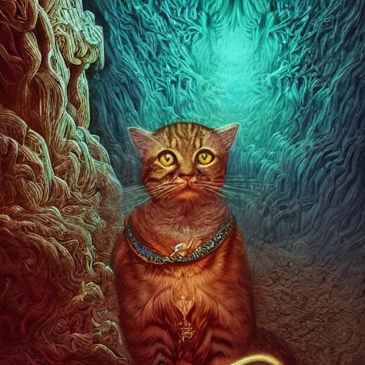 Prompt: photorealistic image of if god were a cat in the style of michael whelan and gustave dore. hyperdetailed photorealism, 1 0 8 megapixels, amazing depth, glowing rich colors, powerful imagery, psychedelic overtones, 3 d finalrender, 3 d shading, cinematic lighting, artstation concept art