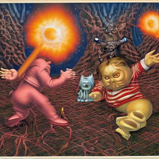 Prompt: wizards duel painting by Mark Ryden and Todd Schorr, Jack Kirby