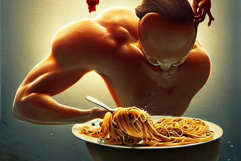 Prompt: olympic diver diving into a dish of pasta, fantasy, elegant, highly detailed, sharp focus, art by artgerm and beeple and greg rutkowski and wlop