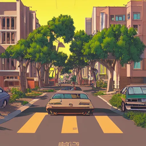 Image similar to neighborhood street, uptown street, golden hour, golden sunshine, trees over road, shining sun in distance, trees, juniper trees, oak trees, cars parked in street, long street, distance, cel - shaded, raytracing, cel - shading, toon - shading, 2 0 0 1 anime, flcl, jet set radio future, drawn by artgerm