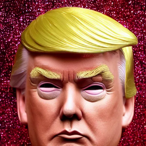 Image similar to Donald Trump with silver-violet hair, white eyes and golden glittery dress, wide lens, diorama, 4k,