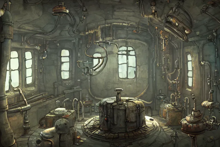 Image similar to A beautiful painting of interior of room with metal pipes in machinarium by yann souetre, Trending on artstation.