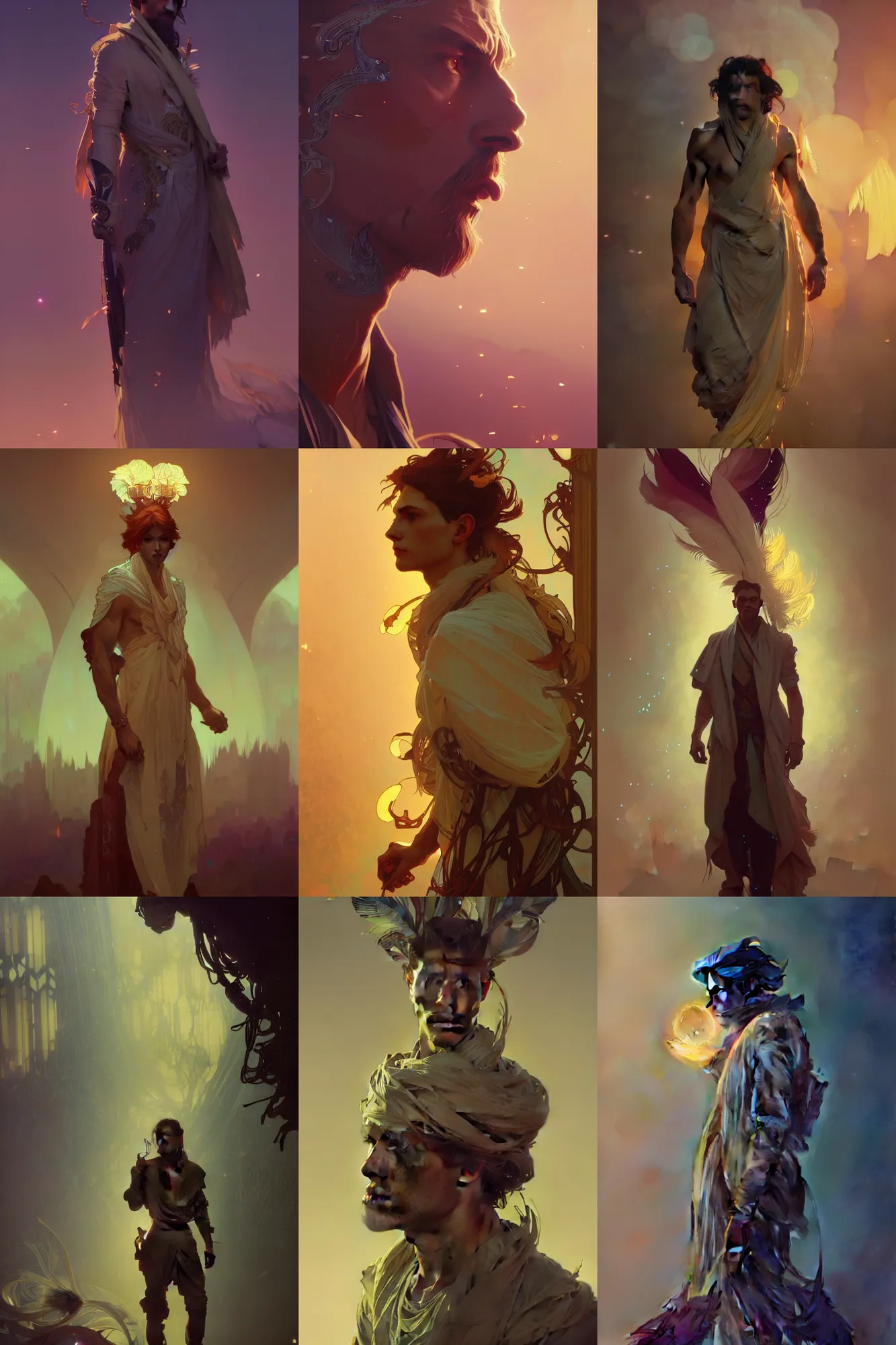 Prompt: beautiful male character concept by greg rutkowski, alphonse mucha, arstation and beeple highly, feathers, shimmer detailed, cinematic lighting, octane render, unreal engine lumen, very coherent. cinematic, hyperrealism, high detail, octane render, 8 k