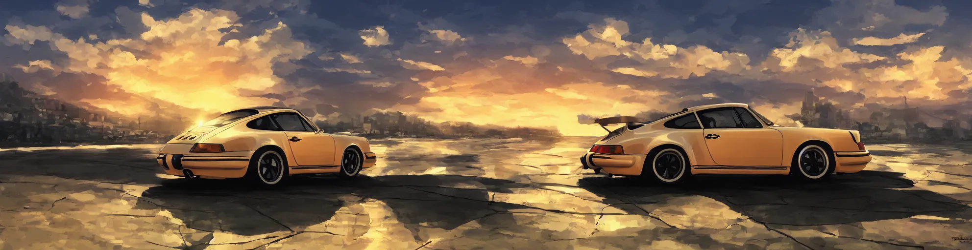 Image similar to beautiful, detailed digital painting of a porsche 9 1 1 looking at the sunset, anime by makoto shinkai, sand, waves, trending on artstation