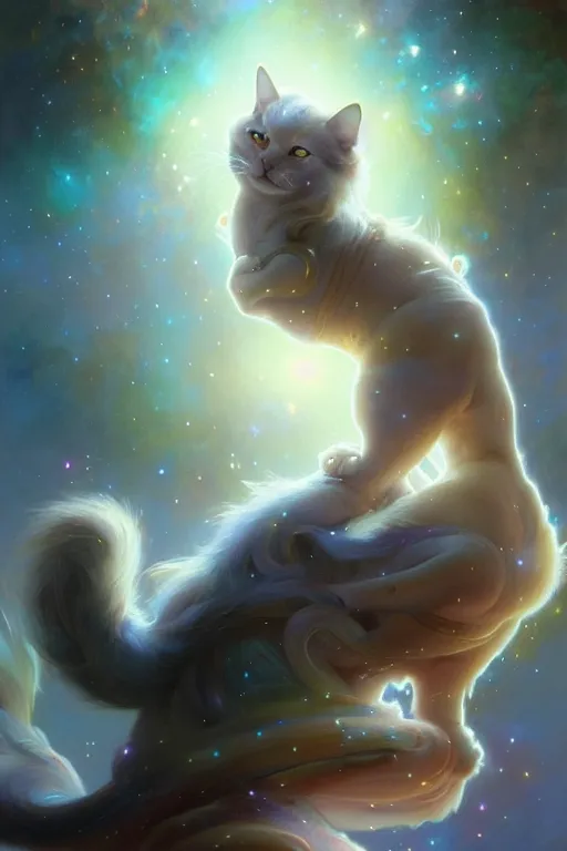 Image similar to Full view realistic ethereal stunning Celestial Cat of cosmic nebula with Pixar fur, 4k digital painting masterpiece by Mandy Jurgens and Ruan Jia, ornate Iconography background in the style of Alphonse Mucha, tarot card, amazing, magnificent, mystical, Hyperdetailed, award winning art, Ross Tran, wlop, Artgerm, Craig Mullins, detailed and realistic, soft lighting, intricate details, realistic, full view, Artstation, CGsociety