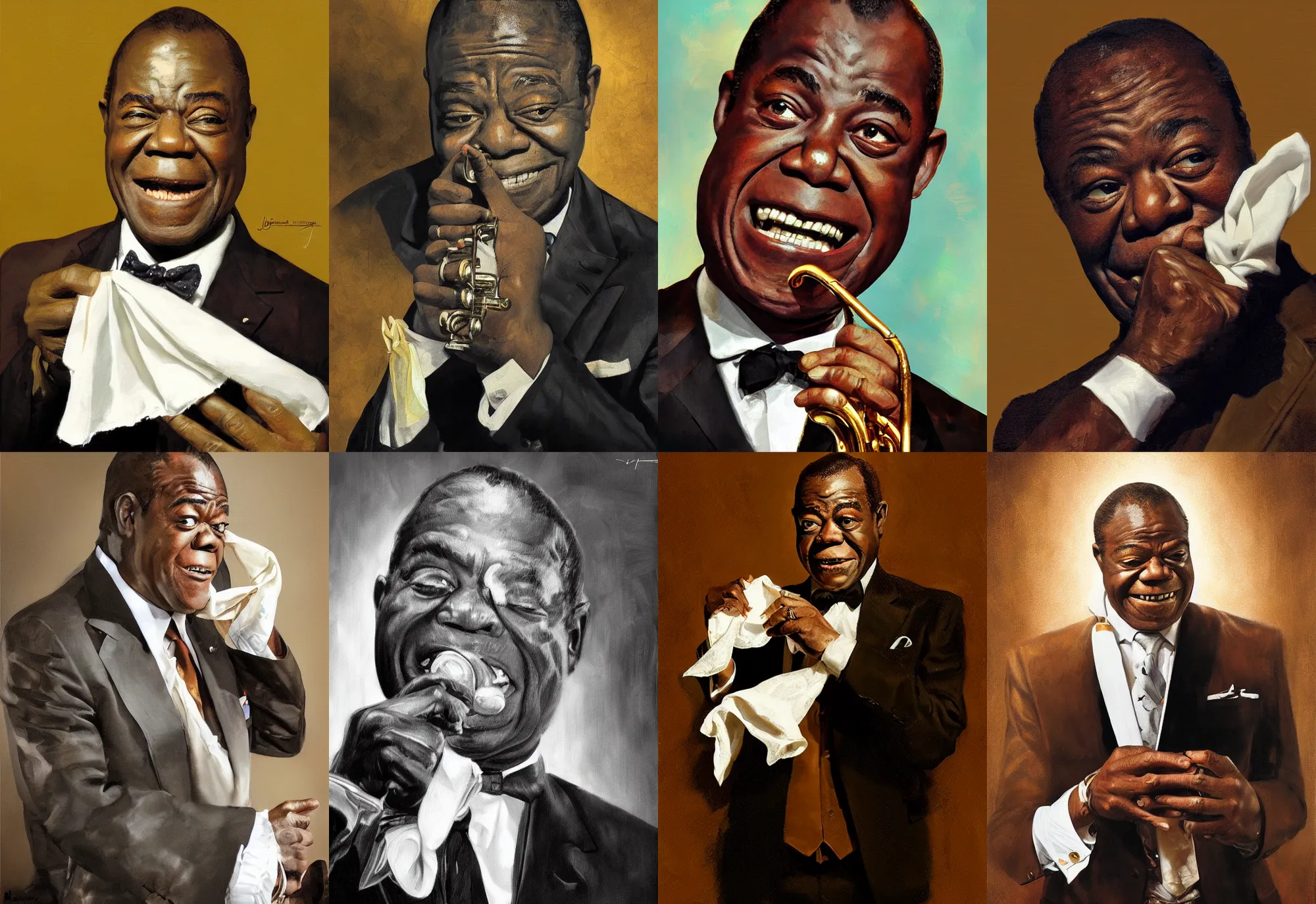 Image similar to a portrait of louis armstrong holding a white handkerchief, by jonathan yeo, dramatic lighting, highly detailed digital painting