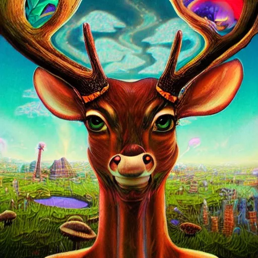 Image similar to 4 k headshot portrait of a psychedelic demonic anthropomorphic deer with mushroom themed clothes, magic mushroom village in background by jeff easley, award winning, stylized neon, post - processing, masterpiece, superb resolution. in the art style of junji ito and greg rutkowski. detailed mushroom city in background. hyper realistic anime. perfect art. dalle 2