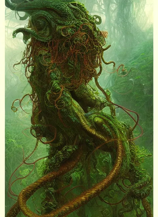 Prompt: cthulhu comprised entirely of jungle vines, digital art by eugene de blaas and ross tran, vibrant color scheme, highly detailed, in the style of romanticism, cinematic, artstation, greg rutkowski