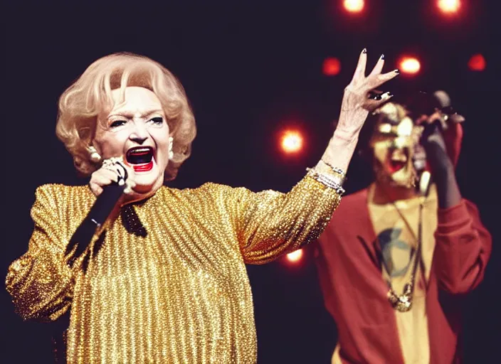 Image similar to publicity photo still of betty white as a gangsta rapper covered in gold chains, with grills in teeth and wearing a jumpsuit live on stage, 8 k, live concert lighting, mid shot