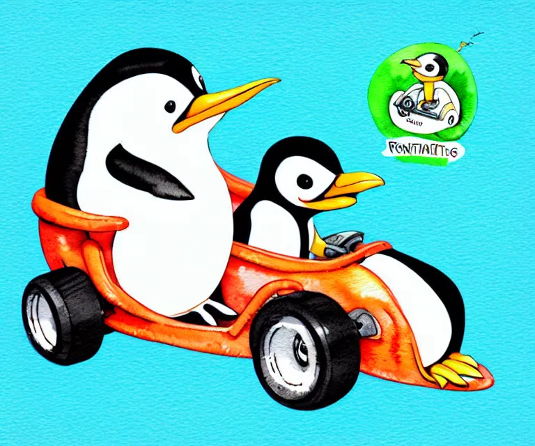 Image similar to cute and funny, penguin riding in a tiny gokart with an oversized engine, ratfink style by ed roth, centered award winning watercolor pen illustration, isometric illustration by chihiro iwasaki, edited by range murata, tiny details by artgerm and watercolor girl, symmetrically isometrically centered, sharply focused