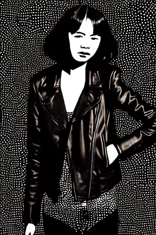 Prompt: dreamy rock girl, black leather jacket, detailed acrylic, grunge, perfect lighting. professional design. great composition, illustration by alex ross, yayoi kusama, peter lindbergh, 8 k