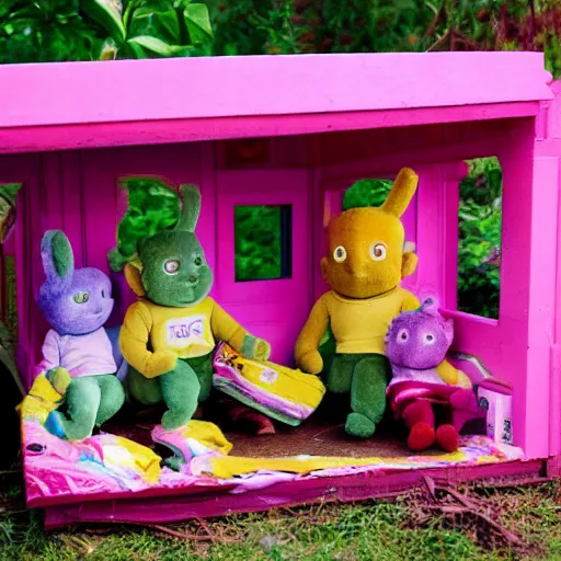 Image similar to burning teletubbies plush dolls inside abandoned dollhouse