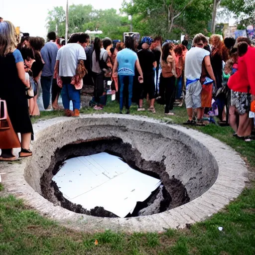 Prompt: a large pile of art at the bottom of a deep hole, a long line people lined up to drop their art into the hole